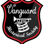 Vanguard Historical Society Logo - Shield outline with "Vanguard Historical Society" written in script, and drum and bugle icon from the Vanguard corps jacket
